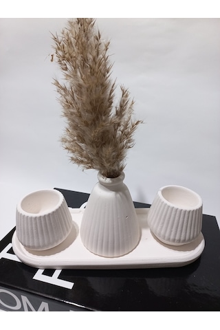 Pampas Vazolu Tabaklı İkili Tealight Mumluk Set Beyaz