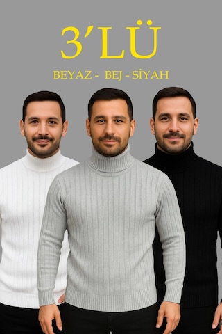 Barlashive Erkek Fitilli Kazak Tam Boğazlı Balıkçı Yaka Triko 3'lü Set Beyaz-gri-siyah Çok Renkli