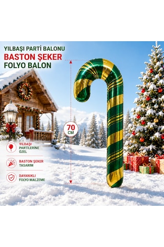 Vıp Kalite 2 Adet 70 Cm Yeşil Gold Baston Şeker Folyo Balon Gold Yeşil Baston Şeker Yılbaşı Balonu
