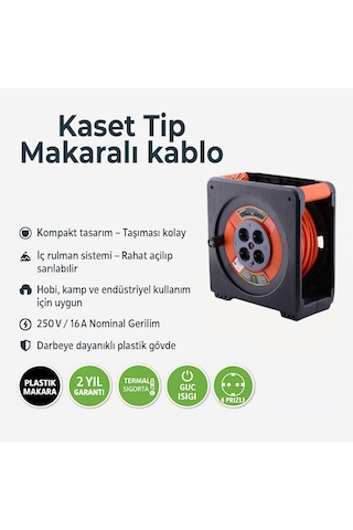 Makaralı Cca Uzatma Kablosu 50 Metre 3x1.5 Mm 4 Prizli Termal Sigortalı Plastik Seyyar Kaset Tipi
