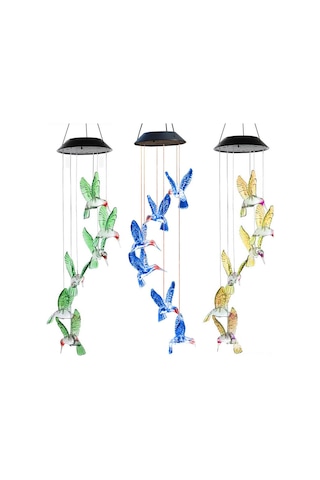 Dianziye Güneş Enerjili Renkli Bahçe Dekorasyonu, Kuş Figürlü Asılı Aydınlatma Ve Rüzgar Çanı Mavi