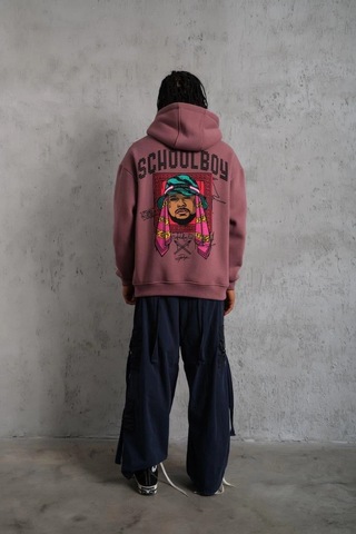 Novalisse Erkek 3 İplik Pamuklu Kapüşonlu Baskılı Cepli Oversize Sweatshirt Hoodie - Gül Kurusu Çoklu Renk