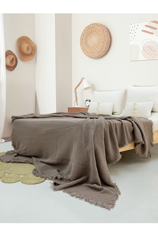 4 Katlı Müslin Yatak Örtüsü - Açık Gri Renk Çift Kişilik Pike Açık Gri