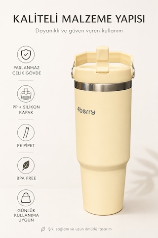 Ss119 900 Ml Çelik Termos Bardak Pipetli Kulplu Taşınabilir Su Matarası Krem
