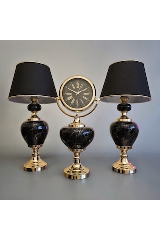 Gold Metal Detaylı Siyah Abajur Ve Saat Set Diğer