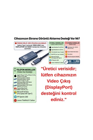 4k Ultra Hd Type-c To Hdmı Görüntü Aktarım Kablosu - 1.8 Metre Alüminyum Gövde Tak Çalıştır