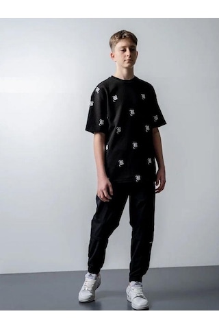 Zekids Erkek Çocuk Harf Baskılı Oversize Tshirt-15546 SIYAH