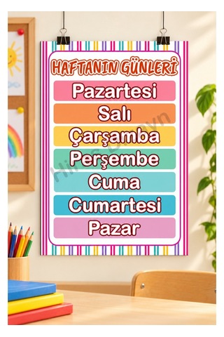 Hiras Dizayn Haftanın Günleri Eğitici Afiş A3, 30 42 Cm