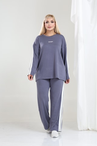 Kadın Büyük Beden Uzun Kollu Şerit Detaylı Oysho Tarzı Modal Kumaş Takım Gri