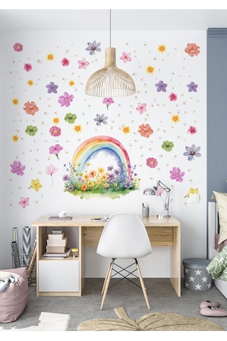 Gökkuşağı & Çiçek Duvar Sticker Mat, Sökülebilir, Dekoratif Duvar Süsü 01