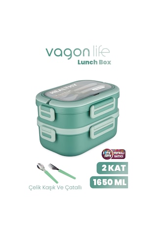 1650 Ml İki Kat Üç Bölme Paslanmaz Çelik Lunch Box Yeni Nesil Sefer Tası - Kaşık Ve Çatallı -6715 Yeşil