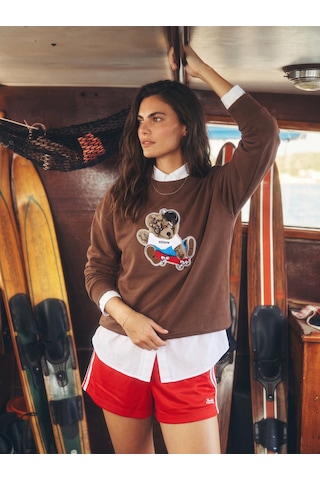 Onloox Kadın Kahverengi Kahverengi Pamuklu Bisiklet Yaka Salaş Kesim Teddy Nakış İşlemeli Sweatshirt
