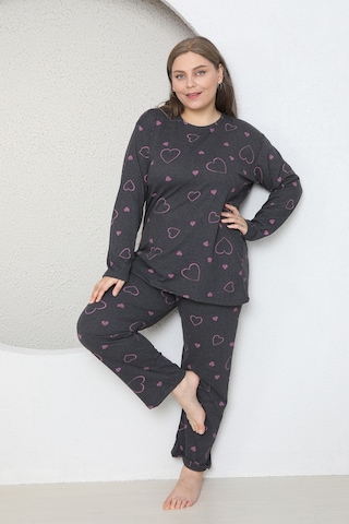 Fames Pijama Büyük Beden Kalp Desenli Mevsimlik Uzun Kol Pijama Takim Füme