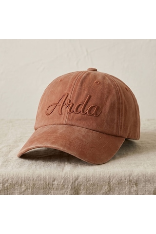 Bk Gift Kişiye Özel İsim Nakışlı Vintage Turuncu Beyzbol Şapkası Unisex Eskitme Kumaş Metal Tokalı