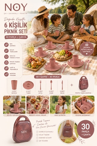 Piknik Seti Piknik Sepeti Konforu Sunan 6 Kişilik 30 Parça Çantalı Piknik Tabak Seti Pudra
