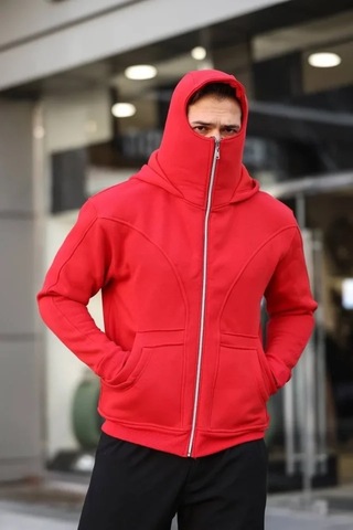 Veraura Lifestyle Erkek Maskeli Ninja Model Çift Kapüşonlu 3 İplik Şardonlu Fermuarlı Sweatshirt - Kırmızı