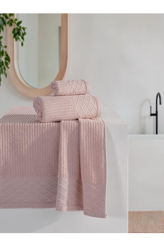 Cumba %100 Pamuk 3 Lü Havlu Takımı - 30x50, 50x90, 70x140 Pudra