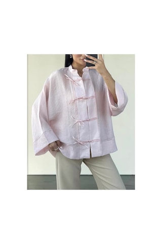 Fleurs Chic Yeni Model Geniş Kesim Kimono Gömlek Pudra