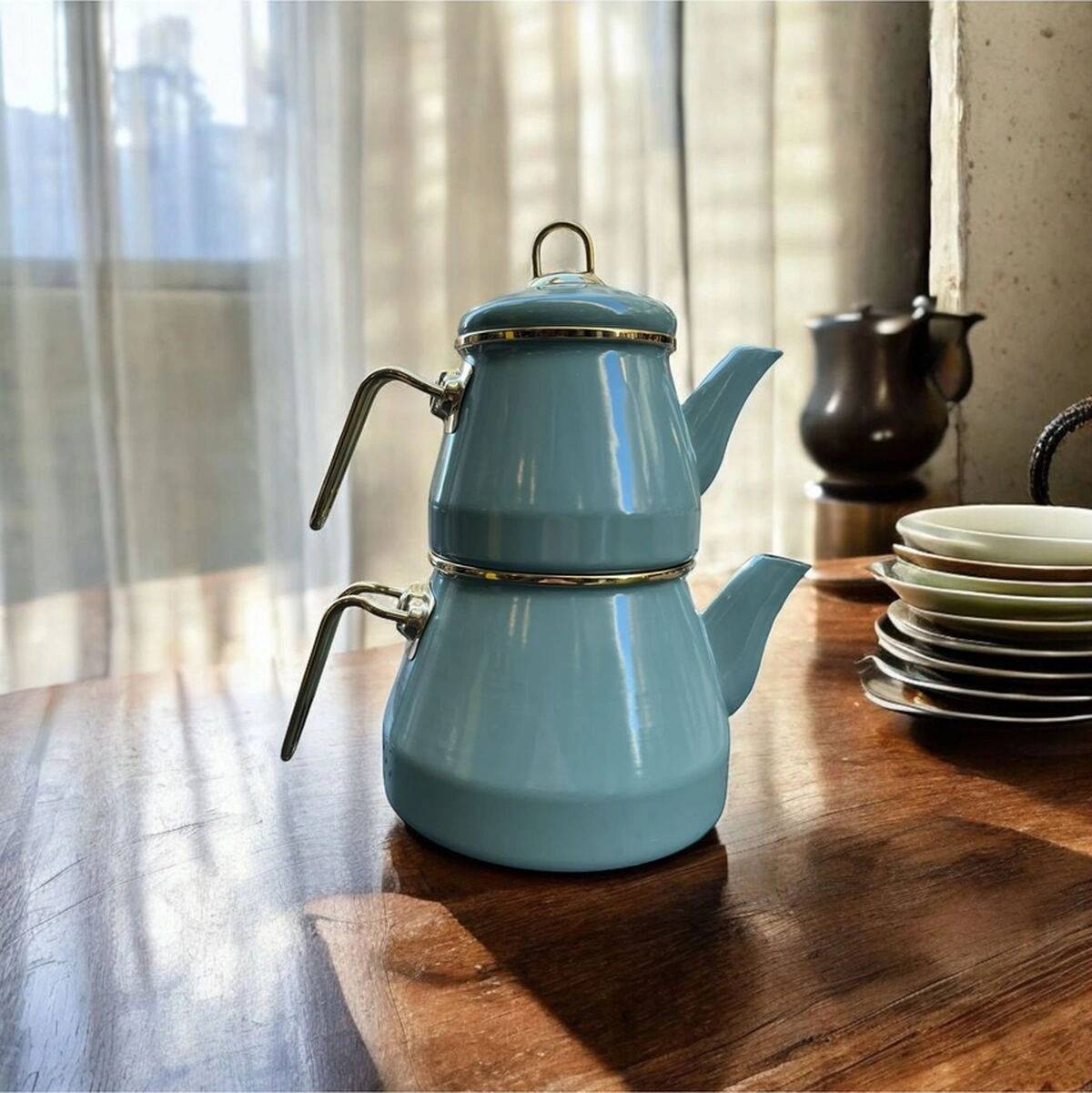 Taşev Robin Emaye Çaydanlık Takımı Yeşil Yeşil