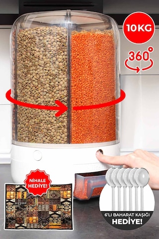 10 Kg Kapasiteli Gıda Ve Bakliyat, Organizeri 360 Derece Dönebilen, Baharat Kaşığı Ve Nihale Hediye Beyaz