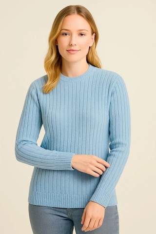 Kadın Bisiklet Yuvarlak Yaka Triko Kazak Pamuklu Kalın Fitilli Dokuma, Regular Fit Uzun Kollu Kışlık Bebe Mavisi
