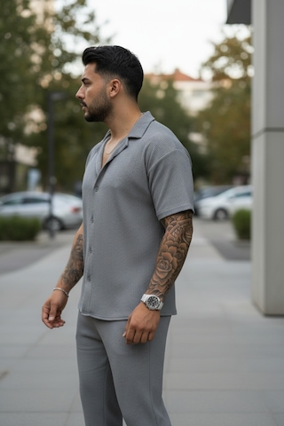 Fifty Color Unisex Trend Bürümcük Krinkıl Kumaş Yazlık Likralı Kısa Kol Gömlek Ve Eşofman Takım Gri