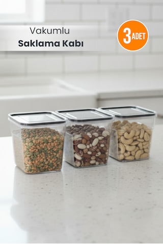 3'lü Şeffaf Sızdırmaz Vakumlu Erzak Saklama Kabı Bakliyat Saklama Kutusu 1,6 L Şeffaf