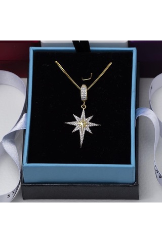 Kuzey Kutup Yıldızı Model Zirkon Taşlı Gold Rengi 925 Ayar Gümüş Kadın Kolye Gold