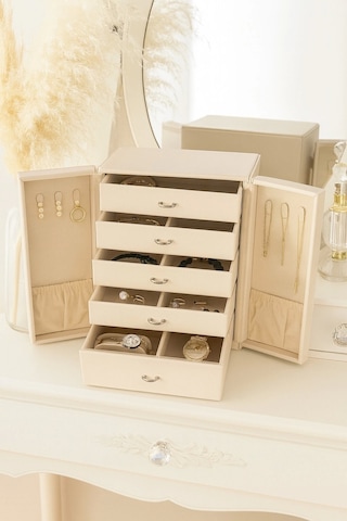 Dışı Deri İçi Kadife 5 Çekmeceli Takı Bijuteri Mücevher Kutusu Organizer Düzenleyici Krem İthal Ürün