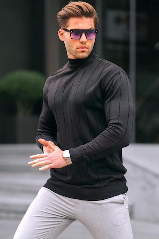 Madmext Siyah Slim Fit Yarım Balıkçı Yaka Çizgili Tüylenmeyen Erkek Triko Kazak 6344 Siyah