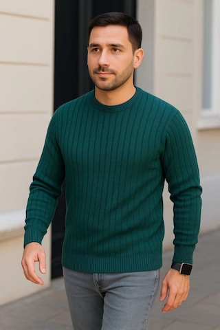 Etiler Collection Erkek Bisiklet Yuvarlak Yaka Triko Kazak Pamuklu Kalın Fitilli Dokuma, Regular Fit Uzun Kollu Kışlık Model - Haki