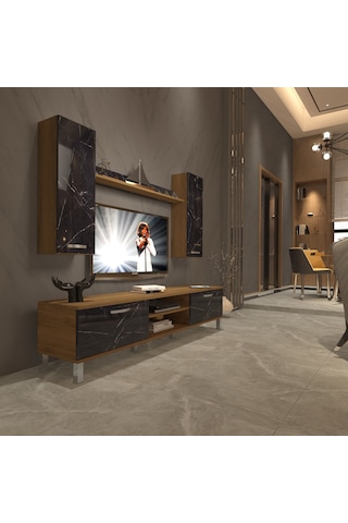 Decoraktiv Eko 5d Mdf Dvd Krom Ayaklı Tv Ünitesi Tv Sehpası Pera - Siyah Mermer