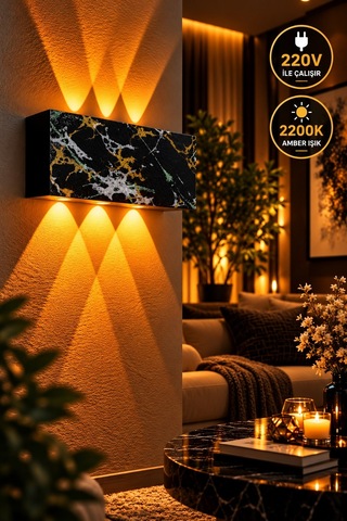 Siyah Gold Gümüş Yeşil Desenli 12w 2200k Amber Işıklı 3 Gözlü Yukarı Aşağı Dekoratif Duvar Apliği 16 Cm Amber Işık