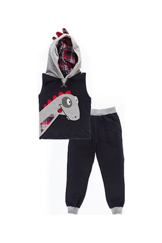 Denokids Dino Kolsuz Yelekli Eşofman Takım - Gri - Siyah - Kırmızı