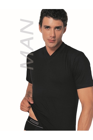 Erkek Siyah Süprem Yarım Kollu V Yaka Atlet % 100 Pamuklu Fanila 3 Lü Paket 111-3s Siyah