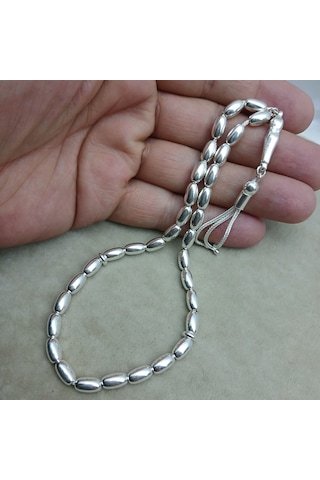 925 Ayar Gümüş Tesbih Arpa Kesim Düz Model Küçük Boy