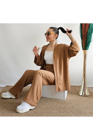 İpli Latte Renk Cep Detaylı Bol Paça Kimono Takım Latte
