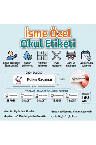 Kapbirhediye Okul Etiketi Isme Özel Kalem Defter Etiketi Sevimli Köpek Temalı 190 Adet Çok Renkli