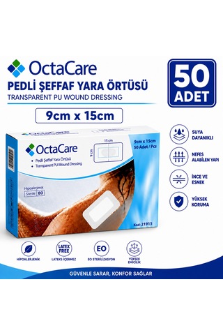 Octacare Su Geçirmez Pedli Şeffaf Pu Film Steril Yara Örtüsü 9cm 15cm 50 Adet