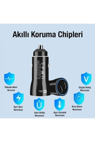 60w Turbo Araç Şarjı 2 Type-c Girişli Şarj Akım Korumalı Araç Çakmaklık Şarjı 12v-24v Araç Şarj