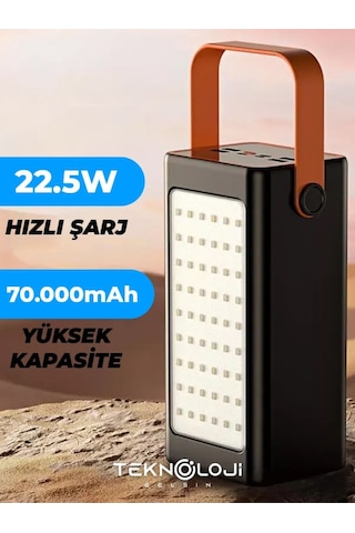 Powerbank 70.000 Mah Güçlü Led Işıklı 22.5w Hızlı Şarj Taşınabilir Batarya 4 Çıkışlı Göstergeli Siyah
