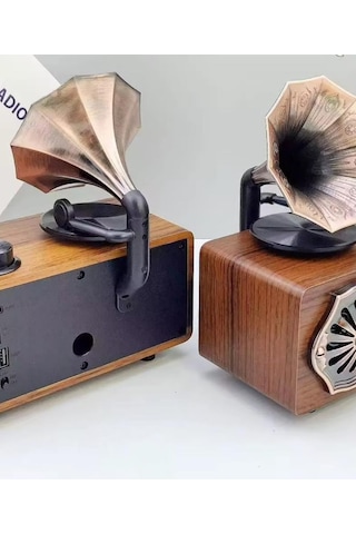 Gerçek Ahşap Gramofon Görünümlü Bluetooth Hoparlör & Nostaljik Radyo