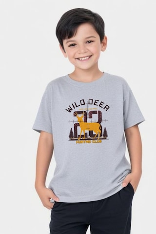 Panios Kids Hunting Club Baskılı Erkek Çocuk Yuvarlak Yaka Kısa Kollu T-shirt Gri