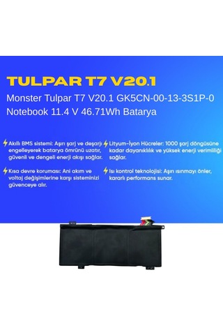 Monster Tulpar T7 V20.1 Gk5cn-00-13-3s1p-0 Notebook 11.4 V 46.71wh Batarya Uyumlu, Yüksek Performanslı