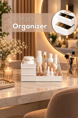 Porsima 5303 Çok Amaçlı Organizer 2 Çekmeceli Kozmetik Parfüm Krem Takı Makyaj Düzenleyici Beyaz