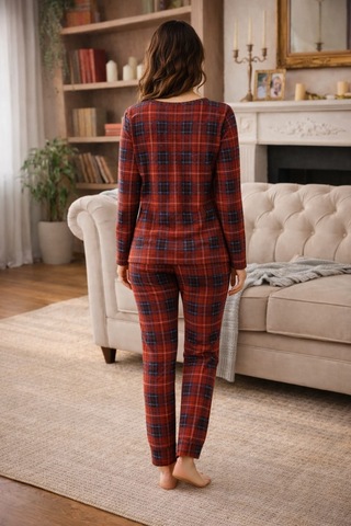 Pemilo Kadın 3572 Uzun Kol Süet Pijama Takımı Bordo