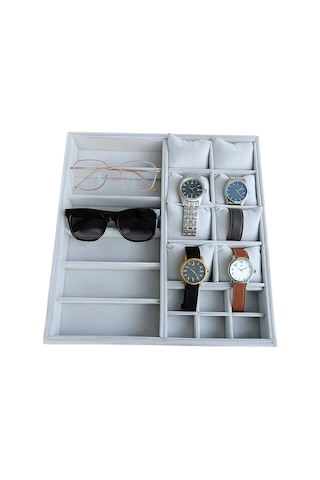 Organizatör Gri Süet Tabla Kolye & Yüzük Düzenleyici Ve Gözlük 8 Yastık 6 Gözlük & 6 Bölmeli 36x38 Çok Renkli
