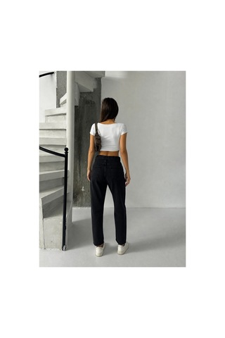 Bluemarlin Siyah Yüksek Bel Ön Bacak Taşlı Mom Jeans Kot Pantolon Siyah