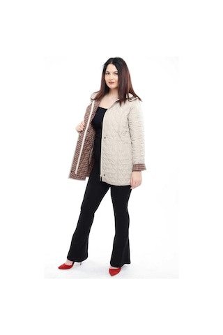 Kadın Ekose Baharlık Kapitone Mont Açık Bej Büyük Beden Çok Renkli