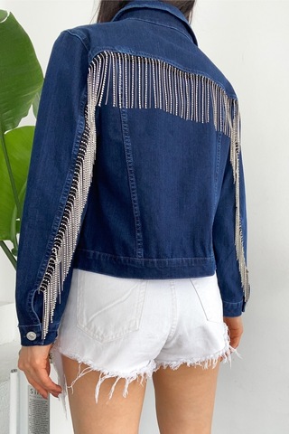 Femelle Kadın Sırtı Püsküllü Tasarım Denim Kot Ceket mavi